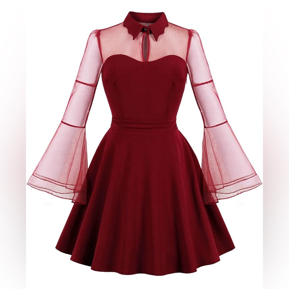 Women's Vintage Gothic Cocktail Dresses Cutout Keyhole Collar Burgundy - Picture 1 of 5